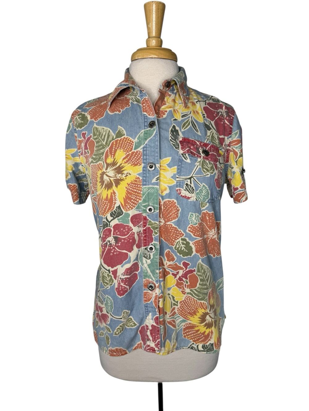 Vintage SAG HARBOR Floral Print Chambray Shirt Small Petite Tropical Blue Pink